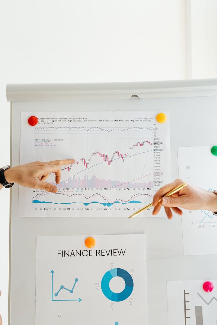 Hands pointing to financial charts during an office presentation.